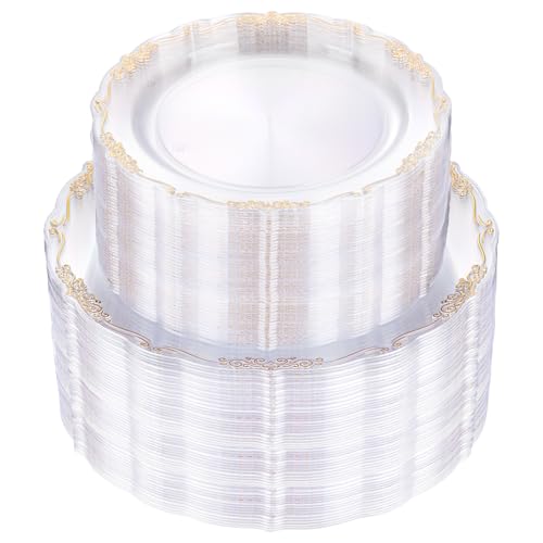 U-QE 100PCS Clear Gold Plastic Plates - Disposable Heavy Duty Clear Plates with Gold Rim Including 50PCS 10'' Dinner Plates & 50PCS 7.5'' Dessert Plates Perfect for Party, Weddings - color: Clear Gold