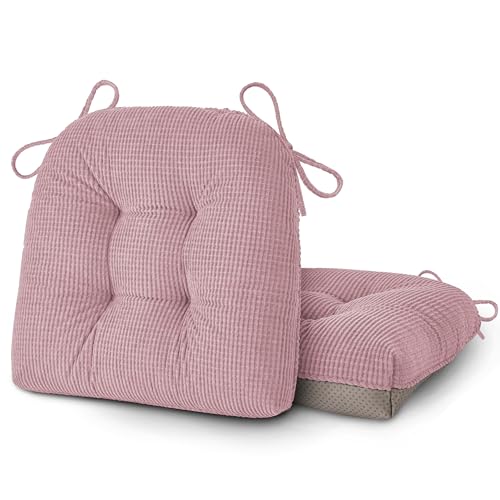 OVOV Dining Chair Cushions Set of 2 Soft Non-Slip Kitchen Chair Pads Tufted Seat Cushion with Ties for Kitchen Dining Room(18" x 16.5" x 3" Light Pink) - color: Light Pink