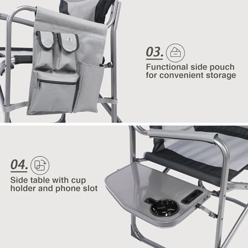 EVER ADVANCED Aluminum Lightweight Folding Director Chair, 350lbs Heavy Duty Camping Chair with Side Table & Storage, 19" Joint-Friendly Height Easy to Stand, Portable Makeup Artist & Vendor Chair - color: Grey, style: 2 Pack