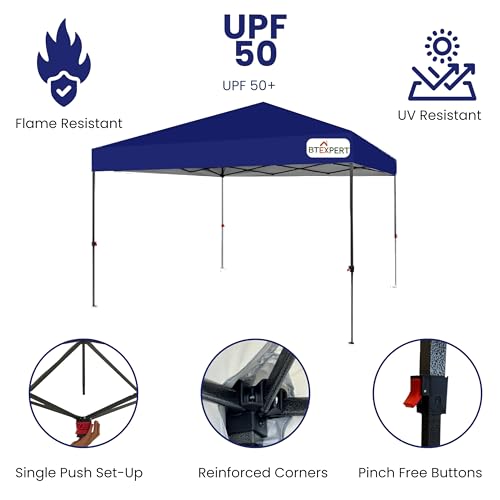 BTExpert 10x10 1-Person One Push Setup Instant Canopy Pop Up, 1 Touch Portable Folding Shelter Outdoor Gazebo Shade Tent w/Adjustable Height, Wind Vent Carrying Wheeled Bag Home Event Garden BBQ - color: Blue, size: 10x10ft