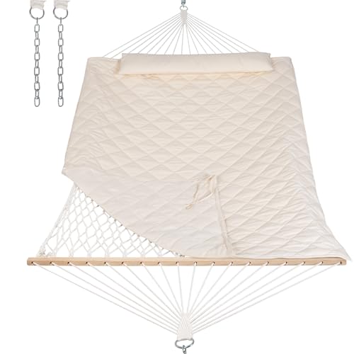 ANOW Outdoor Rope Hammock with Spreader Bars, Heavy Duty Hammock with Pad for Outdoors, 450 LBS Weight Capacity, Cream - color: Cream, size: Without Stand