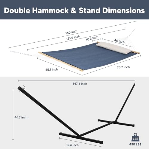 SUNCREAT Hammocks for Outside with Stand, Quick Dry Two Person Hammock with Head Pillow, 450 lbs Capacity, Navy - color: Navy, size: 78.7 x 55.1 in, Hammock with 144 in Stand