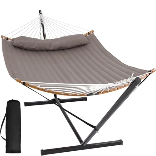 SUNCREAT Hammocks Portable Hammock with Frame, Backyard Double Hammock with Curved Spreader Bar, Brown - color: Brown