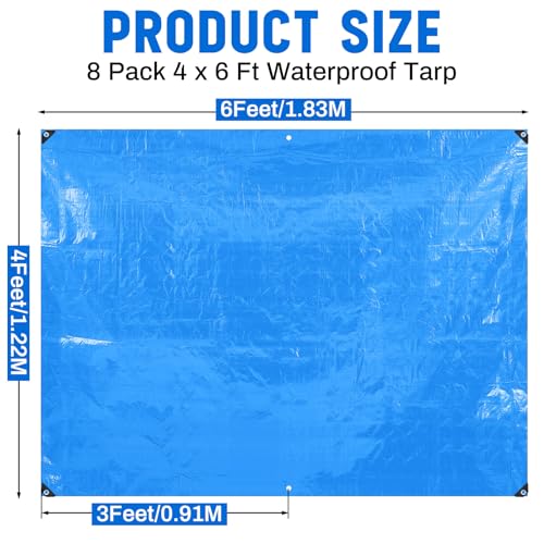 8 Pack 4 x 6 ft 5.5 Mil Small Tarps Heavy Duty Waterproof Tarp Multi Purpose Tent Cover for Home Boats Cars Camping Patio Furniture Roof Emergency Rain Protective Cover, Blue - color: Blue, size: 4 x 6 ft