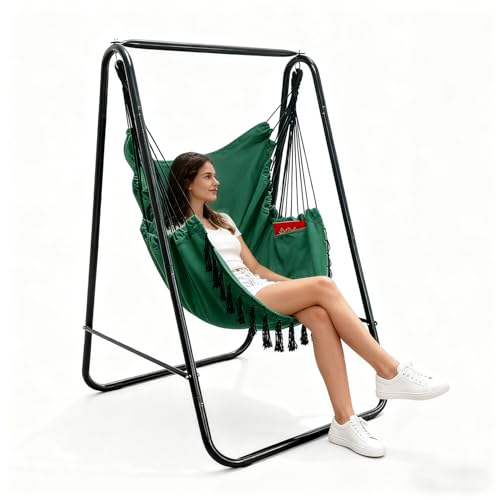 Hammock Chair with Stand,Heavy-Duty Hammock Stand with Large Indoor Swing,MAX Load 500 LBS,Hanging Chair with Stand for Indoor Outdoor,Swing Chair with 2 Cushions Included(Dark Green) - color: Dark Green
