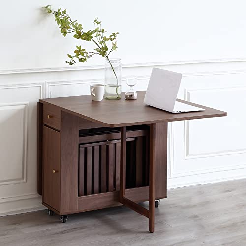 COMUHOME Extendable Drop Leaf Foldable Dining Table with 2 Drawers and 4 Wheels for Living Room Kitchen Farmhouse Space Saving Table in Walnut - color: Walnut