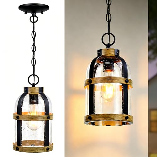 Outdoor Pendant Light for Porch,Modern Exterior Hanging Lantern with Adjustable Chain, in Black and Wood Grain Finish with Seeded Glass for Front Door,Entryway,Farmhouse (Wood Grain(updated)) - color: Wood Grain (New)