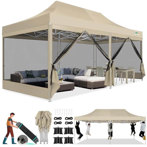 COBIZI 10x20 Canopy Tent, Heavy Duty Pop up Canopy with Sidewalls, Waterproof Easy Setup Canopy with Mosquito Netting, Outdoor Instant Screen Tents for Parties, Wedding with Roller Bag, Khaki - color: Khaki, size: 10x20FT
