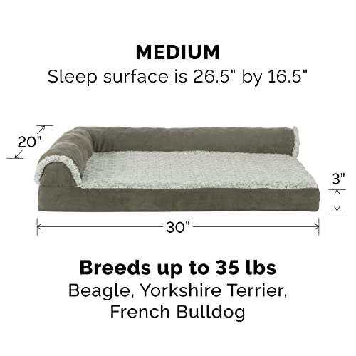 Furhaven Cooling Gel Dog Bed for Medium/Small Dogs w/ Removable Bolsters & Washable Cover, For Dogs Up to 35 lbs - Two-Tone Plush Faux Fur & Suede L Shaped Chaise - Dark Sage, Medium - color: (Two-Tone Faux Fur & Suede) Dark Sage, size: Medium