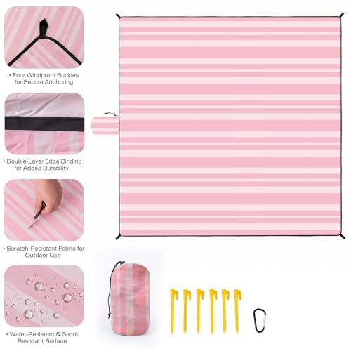 OIGAE Oversized Beach Blanket, 9×10 ft Sand-Free Outdoor Mat for Groups, Quick-Dry Picnic Blanket with Stakes & Corner Pockets, Pink Stripe - color: Pink Stripe, size: 9x10 Ft (2～8 person)