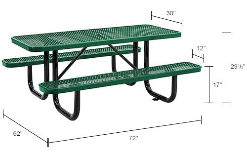 Global Industrial 6’L Rectangular Picnic Table, Expanded Metal, Green Thermoplastic Coating, Attached Benches, 1-1/2” Umbrella Pole Hole, Outdoor-Rated, 1000 lb Capacity, 72” x 30” Tabletop - color: Green