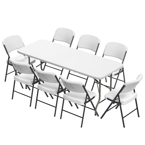 Elevon Folding Table Set with 8 White Folding Chairs,6 Feet Heavy Duty Fold-in-Half Utility Table Sets for Picnic, Event, Training, Outdoor Activities, at Home and Commercial Use - size: 6 feet, style: With 8 Chair