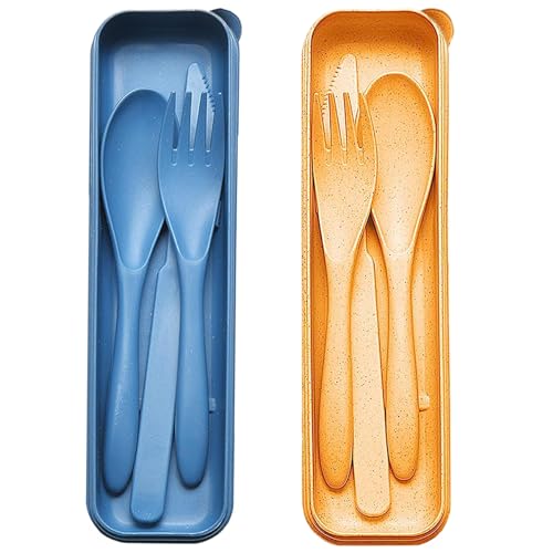 Reusable Travel Utensils Set with Case, 2 Sets Wheat Straw Portable Plastic Fork Spoons Knife Cutlery, Camping Eco-Friendly BPA Free Tableware for Kids Adults Work Picnic or Daily Use (Blue+Yellow) - color: Blue+Yellow