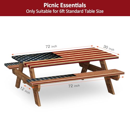 Picnic Table Cover with Bench Covers 6FT 3PCS, Camping Essentials Waterproof Windproof Tablecloth with Drawstring Bag, Fitted Rectangle Tables and Seats, 72", US Flag - color: Us Flag, size: 72"