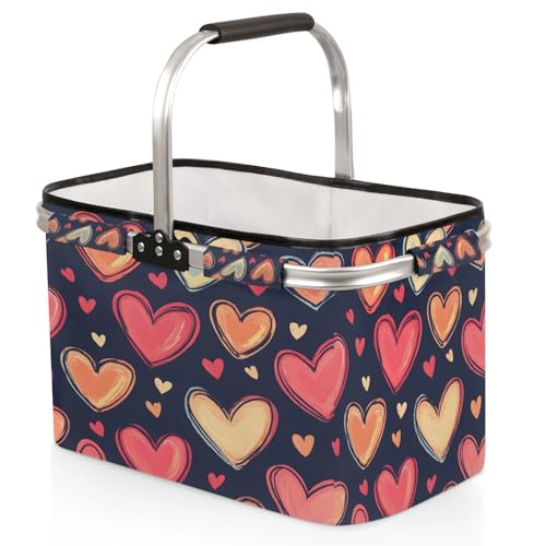 Abstract Modern Hearts Picnic Basket Large Collapsible Market Baskets Portable Reuasble Shopping Bags with Handles for Camping Beach Travel - color: Purple