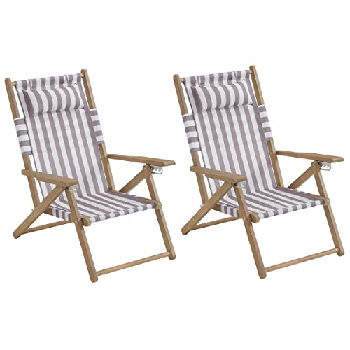 Lavish Home Set of 2 Beach Chair - Outdoor Weather-Resistant Wood Folding Chair with Backpack Straps - 4-Position Reclining Seat - Beach Essentials (Taupe Stripe) - color: Taupe Stripe, style: Set of 2
