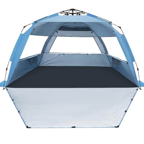 WhiteFang Deluxe Pop Up Beach Tent Sun Shade Shelter for 3-4/5-6 Person, UV Protection, Extendable Floor with 3 Ventilating Windows Plus Carrying Bag, Stakes, and Guy Lines - color: Light Blue, size: X-Large
