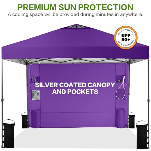 Tunbne 10'x10' Pop Up Canopy Tent with 1 Sidewall and 6 Pockets, One Push Setup, Instant Shade Tent with Vented Roof for Beach Patio Outdoor, Case, 8 Stakes, 4 Ropes, 4 Sandbags (Purple, 10x10) - color: Purple, size: 10x10