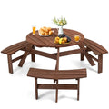 Zevemomo 6 Person Wood Picnic Table, Round Tabletop with Umbrella Hole, 3 Built-in Curved Benches, 1720LBS Total Capacity for Patios, Backyard, Brown - color: Brown, style: 6-Person