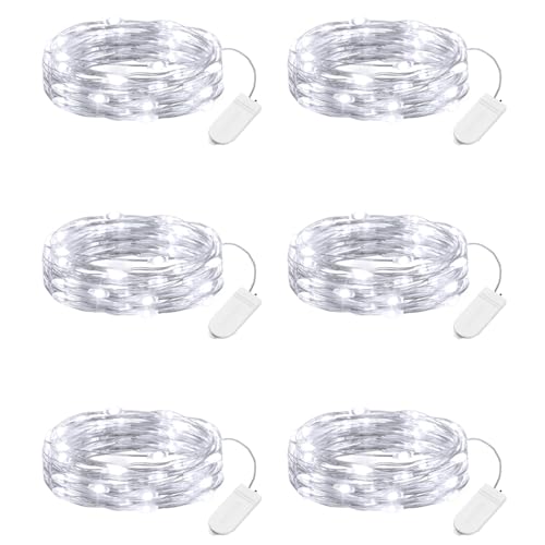 Minetom 6 Pack Fairy Lights Battery Operated String Lights - 7ft 20 LED Waterproof Silver Wire Firefly Lights Waterproof for DIY Crafts Wedding Décor Table Mason Jars Party, White - size: 6 Pack - White