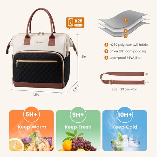 LOVEVOOK Lunch Bag Women, Insulated Adult Lunch Box for Women Work, Wide Opening Leakproof Cooler Tote Bag for Office Campus Picnic Beach with Shoulder Strap, Loncheras Para Mujer with Cup Holder - color: Black-White-Brown, size: Large—16l