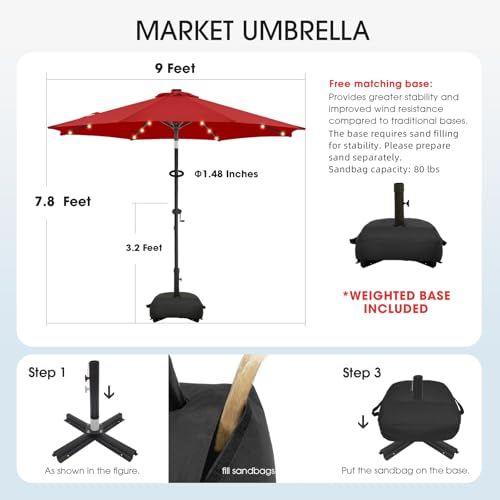 wikiwiki 9FT Solar Led Patio Umbrella with Base Included, 32 LED Lights, 8 Sturdy Ribs, Fade Resistant Waterproof POLYESTER DTY Canopy for Garden, Lawn, Deck, Backyard & Pool, Red - color: Red, size: 9FT