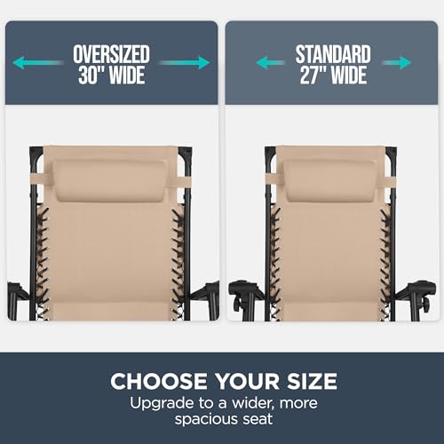 Best Choice Products 30” Wide Folding Zero Gravity Outdoor Recliner Patio Lounge Chair w/Adjustable Canopy Shade, Headrest, Side Accessory Tray - Beige - color: Beige, size: Oversized Extra Wide