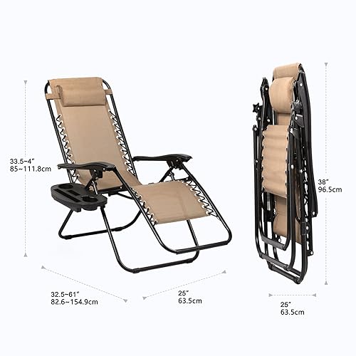 Nazhura Set of 2 Relaxing Recliners Patio Chairs Adjustable Steel Mesh Zero Gravity Lounge Chair Beach Chairs with Pillow and Cup Holder Khaki (Kahki) - color: Kahki