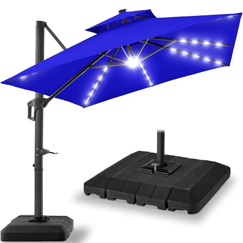 Best Choice Products 9x12ft LED Cantilever Patio Umbrella w/Base Included & 360° Rotation, Large Solar Offset Hanging Outdoor Sun Shade for Deck, Backyard Table w/Stand & Lights – Resort Blue - color: Resort Blue, size: 9x12ft