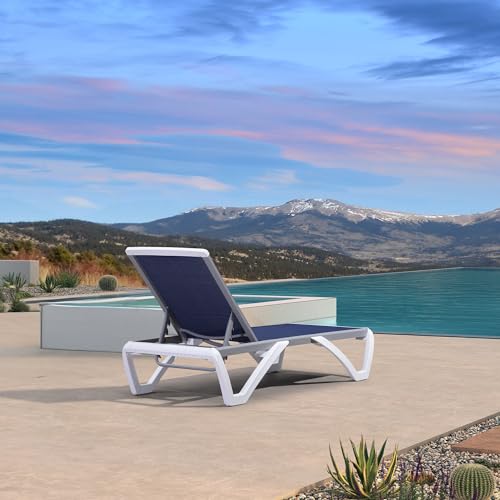 PURPLE LEAF Patio Chaise Lounge Chair Outside Aluminum Plastic Stackable Tanning Chairs for Pool Sunbathing Beach Deck Outdoor Lounger, Navy Blue - color: Navy Blue, style: 1 chair
