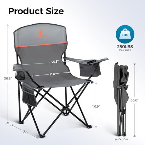 ALPHA CAMP Camping Chairs 350LBS Capacity, Heavy Duty Folding Chair with 4-Can Cooler Bag, Portable Outdoor Chair with Cup Holder for Adults, Collapsible for Tailgating, Beach, Fishing - color: Light Gray, style: camping chairs