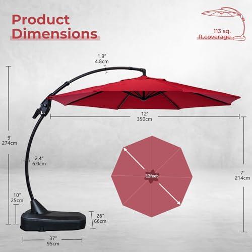Grand patio 12FT Outdoor Cantilever Umbrella Large Round Aluminum Offset Umbrella with Base for Garden Deck Patio (Red, 12 FT) - color: Red, size: 12 FT