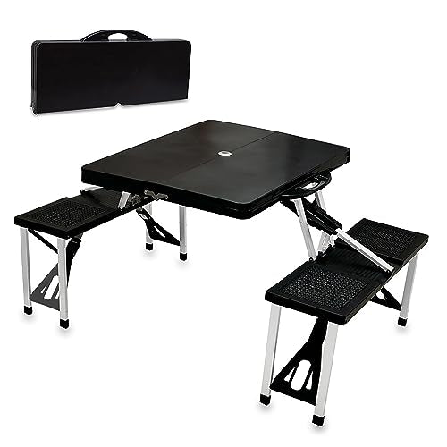 Picnic TIME Portable Folding Picnic Table with Seats for 4, Collapsible Aluminum Table with Benches & Umbrella Hole, Lightweight Foldable Table for Camping, Travel, Backyard, Tailgating | with Umbrella Hole - color: Black