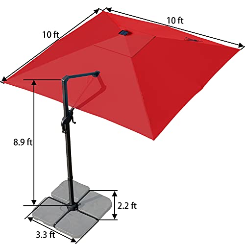 Sunnyglade 10x10ft Solar Powered LED Cantilever Patio Umbrella Square Deluxe Offset Umbrella 360°Rotation & Integrated Tilting System & LED lights for Market Garden Deck Pool Backyard Patio - color: Red, size: 10X10FT