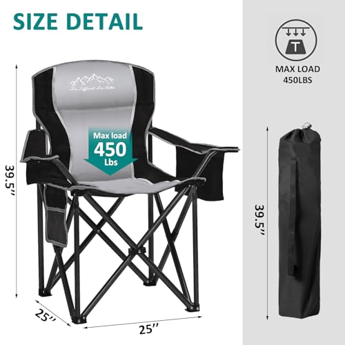Camping Chair Portable Folding Outdoor Chair Heavy Duty Padded Chairs Lawn Chair with Cup Holder, Storage Pocket and Cooler Bag, Supports 500 LBS, Black - color: Black