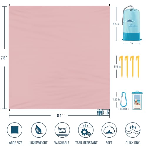Famstar Beach Blanket Sandproof Waterproof 78''×81''1-5 Adults Oversized,Compact Lightweight Durable Beach Mat for Travel Camping Hiking Picnic Blanket - color: Pink, size: 78''×81''