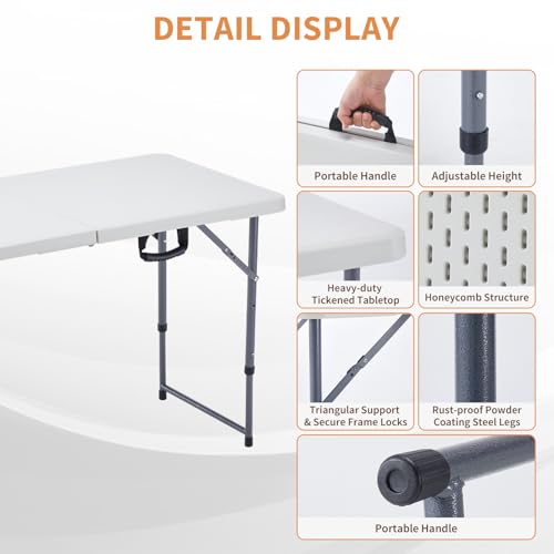 BOOSDEN 4 Foot Folding Table, Portable Rectangle Card Table, Indoor Outdoor Plastic Fold-in-Half Utility Table with Carrying Handle, Adjustable Height Foldable Tables for Picnic,Party,Camping,Office - color: 122 X 60cm Rectangular