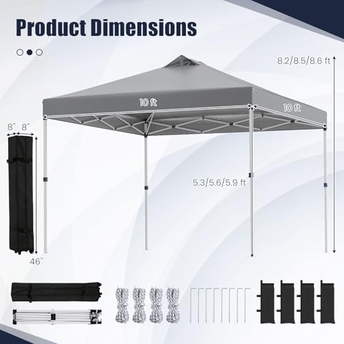 Tangkula 10 x10 Ft Pop Up Canopy with Center Lock, UPF 50+ One-Button Setup Outdoor Canopy Tent with Roller Bag, 4 Sand Bags, Heavy-Duty Steel Frame, 8 Stakes, 4 Ropes for Camping, Picnic - color: Gray