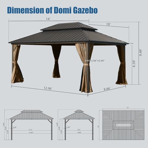 Domi 10' x 14' Hardtop Gazebo, Outdoor Metal Gazebo for Patios with Galvanized Steel Double Roof, Heavy Duty Curtains and Netting Included, Permanent Pergola for Backyard, Garden Lawn, Brown - color: Brown, size: 10'×14' Double Roof
