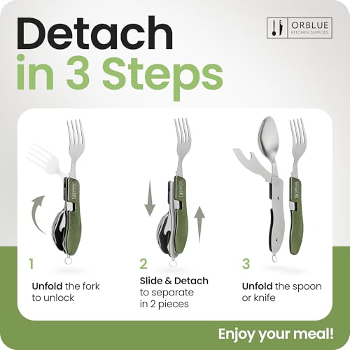 Orblue 4-in-1 Camping Utensils, 1-Pack, Portable Stainless Steel Spoon, Fork, Knife & Bottle Opener Combo Set - Travel, Backpacking Cutlery Multitool Olive Green - color: 1-PACK Olive Green