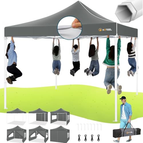 HOTEEL Pop Up Canopy Tent 10x10 with Sidewalls, Commercial Instant Waterproof Canopy for Vender Patio, UV 50+ with Silver Coated, Upgraded Thickened Hexagonal Legs, Gray - color: Gray, size: 10x10FT (+4 Walls)