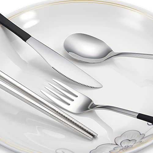 Travel cutlery set, 18/8 stainless steel cutlery, Reusable utensils set with case, Portable Silverware Lunch Box for Camping and Office (Black/knife set) - color: Black
