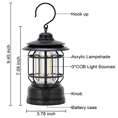 LED Camping Lanterns Rechargeable Portable, Vintage Style Tabletop Lantern, Stepless Dimming, Waterproof IP44 - Black, 2 Pack for Camping, Hanging Tent Light, and Power Outages - style: Black 2 Pack