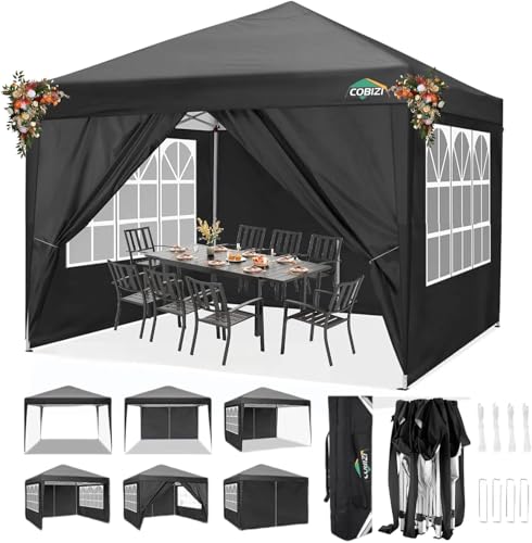 COBIZI 10x10 Pop Up Canopy Tent with 4 Sidewalls Party Tents Waterproof UPF 50+ Commercial Instant Outdoor Events Tent for Parties Markets Backyard, Ropes（10 x 10 ft Black - color: Black, size: 10x10FT with 4 sidewalls