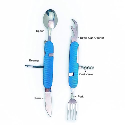 6-in-1 Multi-Function Camping Flatware Utensil Folding Knife Cutlery Detachable Pocket Kits with Carrying Pouch (Gold + Blue) - color: Gold + Blue