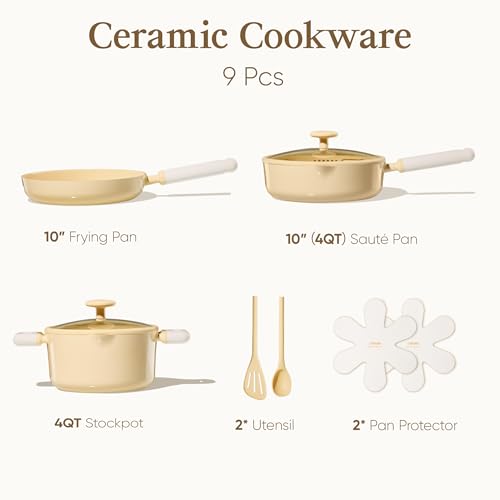 CAROTE Pots and Pans Set Nonstick, Ceramic Cookware Set, Yellow Cooking Set Kitchen Induction Set with Steamer, PFAS PTFE Free,9 Piece - color: Yellow, size: Stockpot