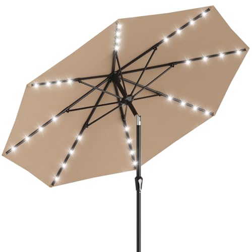 AreShark 9FT Patio Umbrella with Solar Lights, 32 Lighted Pool Umbrella w/Tilt and Crank, Outdoor Market Solar Umbrellas for Garden, Deck, Backyard, Pool and Beach, Beige - color: Beige, size: 9 FT