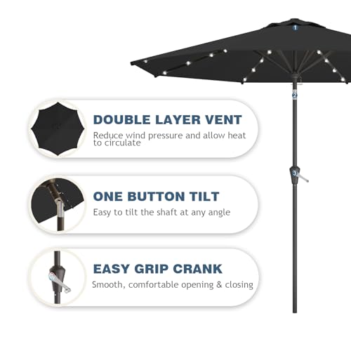 9FT Patio Umbrella with Solar Lights,Outdoor Market Umbrella with Tilt and Crank, LED Lighted Table Umbrella for Garden,Deck,Backyard,Pool,Beach (Black) - color: Black