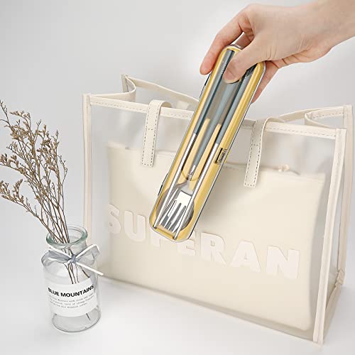 DEVICO Portable Utensils, Travel Reusable Silverware Flatware Set for Lunch, 18/8 Stainless Steel 4-Piece Camping Cutlery Include Fork Spoon Chopsticks with Case (Blue) - color: Blue