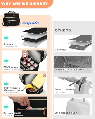 Capolo Lunch Box for Women Men Adults,Double Deck Insulated Lunch Bag Leakproof Lunch Cooler Box with Removable Strap Lunch Tote Bags Reusable Thermal Lunchbox for School Work Picnic(Large,Black) - color: Black, size: Large